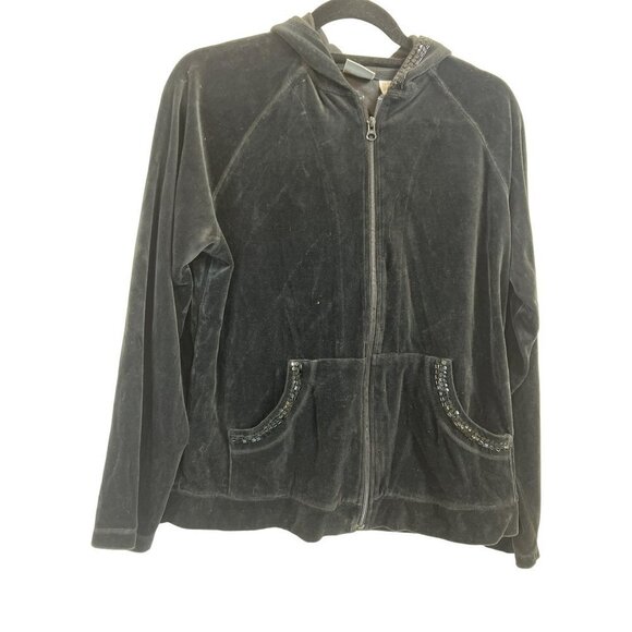 Chicos Sz 1 (US M US 8) Women Black Velour w Sequin Details Pockets Hoodie Sweat - Picture 3 of 4